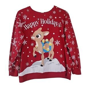Rudolph the Red Nosed Reindeer Sweatshirt Red Snowflakes Holiday Pullover L/XL F